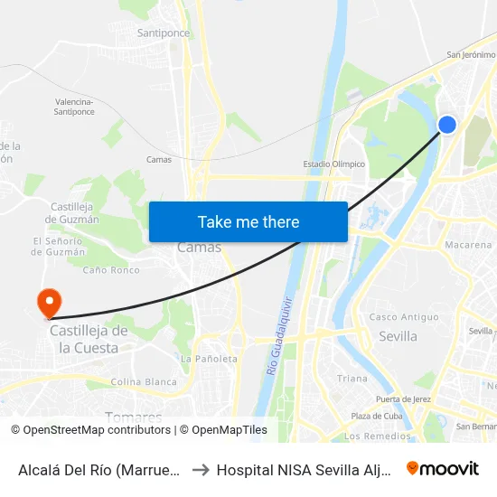Alcalá Del Río (Marruecos) to Hospital NISA Sevilla Aljarafe map