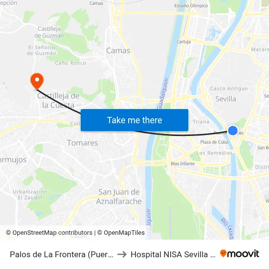 Palos de La Frontera (Puerta Jerez) to Hospital NISA Sevilla Aljarafe map
