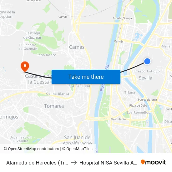Alameda de Hércules (Trajano) to Hospital NISA Sevilla Aljarafe map