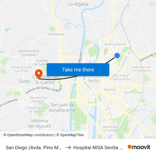 San Diego (Avda. Pino Montano) to Hospital NISA Sevilla Aljarafe map