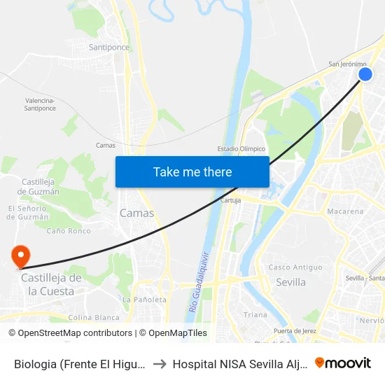 Biologia (Frente El Higueron) to Hospital NISA Sevilla Aljarafe map