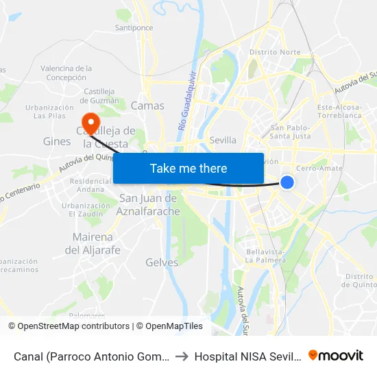 Canal (Parroco Antonio Gomez Villalobos) to Hospital NISA Sevilla Aljarafe map