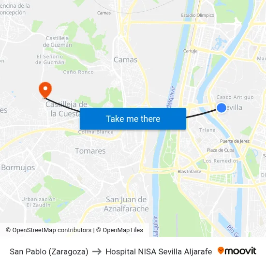 San Pablo (Zaragoza) to Hospital NISA Sevilla Aljarafe map