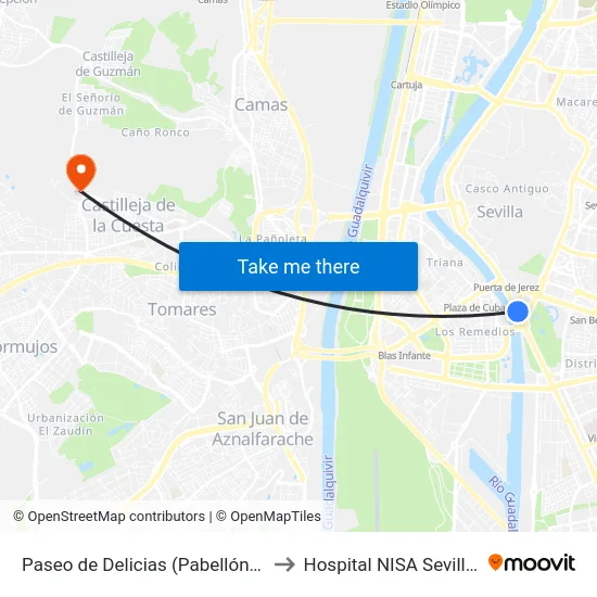 Paseo de Delicias (Pabellón de Uruguay) to Hospital NISA Sevilla Aljarafe map