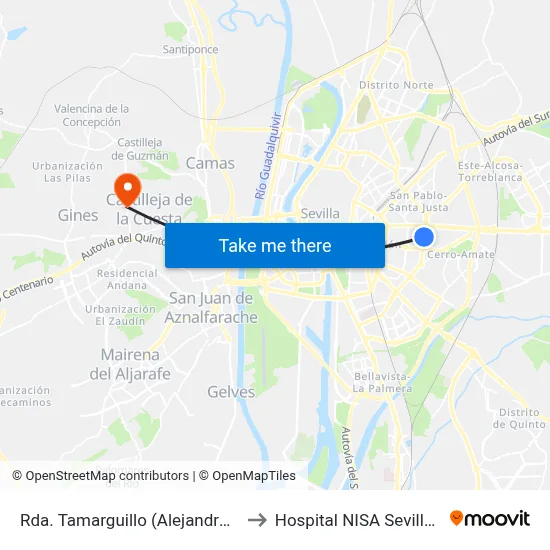 Rda. Tamarguillo (Alejandro Collantes) to Hospital NISA Sevilla Aljarafe map