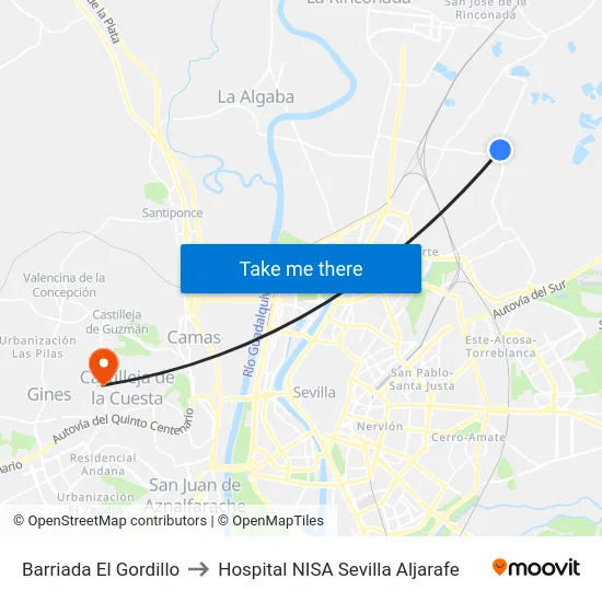 Barriada El Gordillo to Hospital NISA Sevilla Aljarafe map