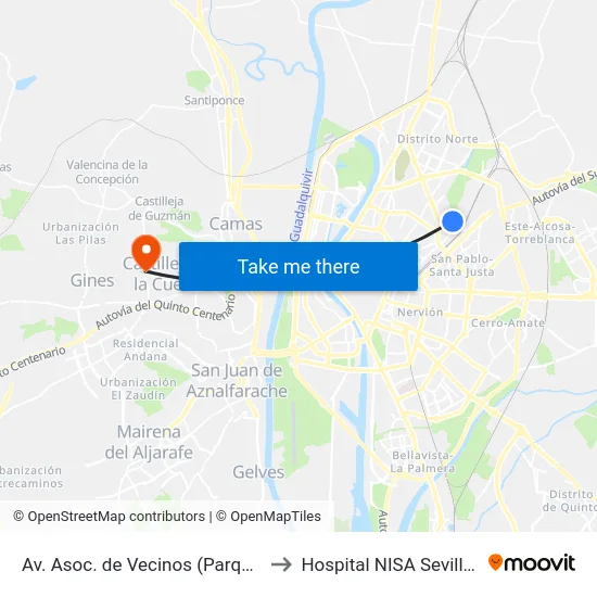 Av. Asoc. de Vecinos (Parque Atlántico) to Hospital NISA Sevilla Aljarafe map