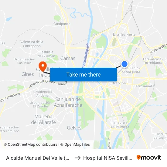 Alcalde Manuel Del Valle (Hespérides) to Hospital NISA Sevilla Aljarafe map