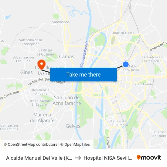 Alcalde Manuel Del Valle (Kansas City) to Hospital NISA Sevilla Aljarafe map