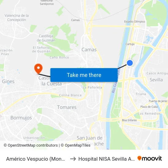 Américo Vespucio (Monasterio) to Hospital NISA Sevilla Aljarafe map