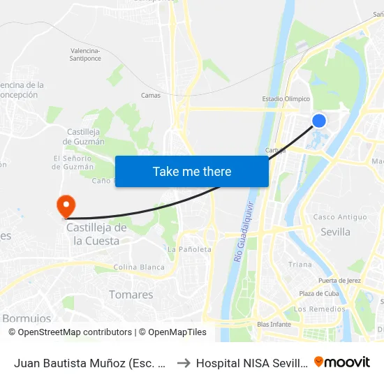 Juan Bautista Muñoz (Esc. de Ingenieria) to Hospital NISA Sevilla Aljarafe map