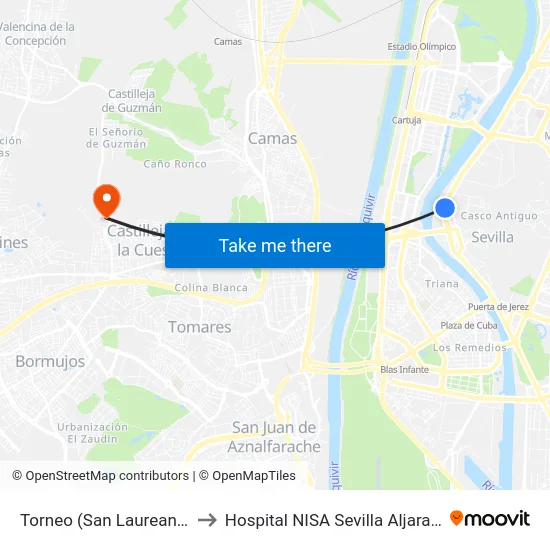Torneo (San Laureano) to Hospital NISA Sevilla Aljarafe map