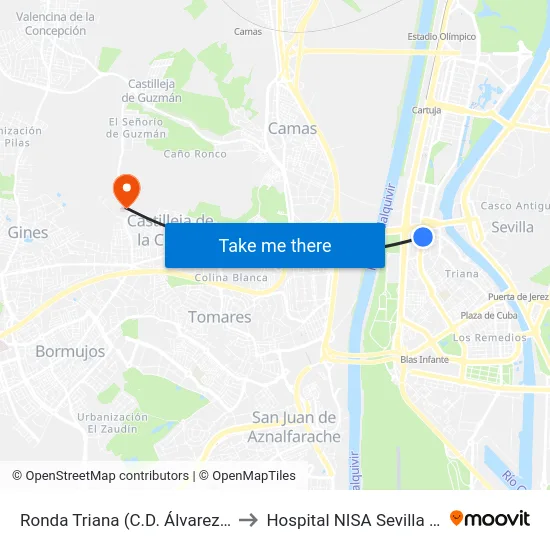 Ronda Triana (C.D. Álvarez Gordón) to Hospital NISA Sevilla Aljarafe map