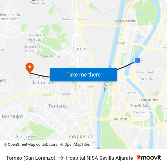 Torneo (San Lorenzo) to Hospital NISA Sevilla Aljarafe map