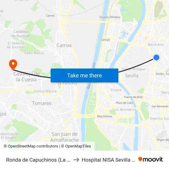 Ronda de Capuchinos (La Trinidad) to Hospital NISA Sevilla Aljarafe map
