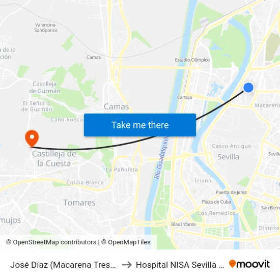José Díaz (Macarena Tres Huertas) to Hospital NISA Sevilla Aljarafe map