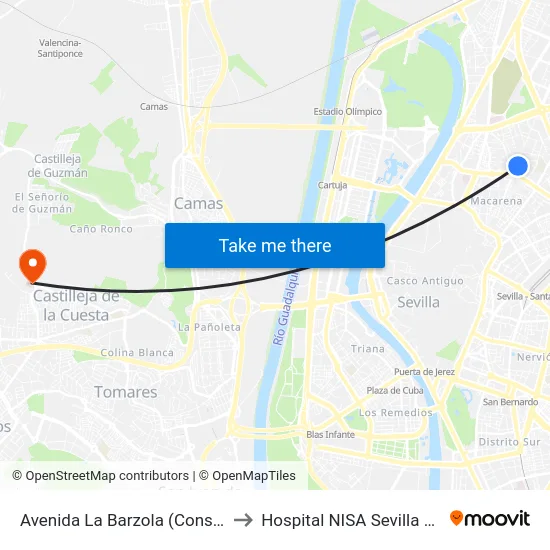 Avenida La Barzola (Constantina) to Hospital NISA Sevilla Aljarafe map