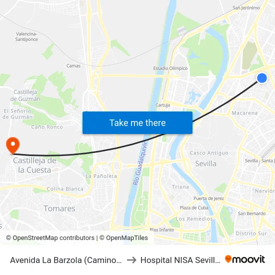 Avenida La Barzola (Camino Cantalobos) to Hospital NISA Sevilla Aljarafe map