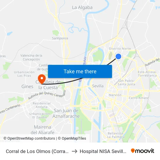 Corral de Los Olmos (Corral Del Moro) to Hospital NISA Sevilla Aljarafe map