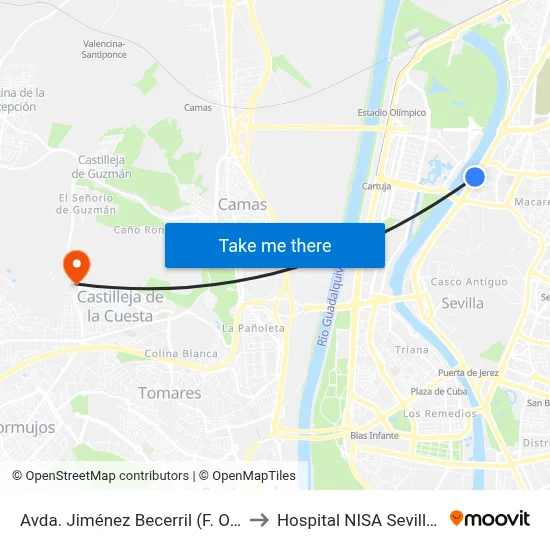 Avda. Jiménez Becerril (F. Odontología) to Hospital NISA Sevilla Aljarafe map