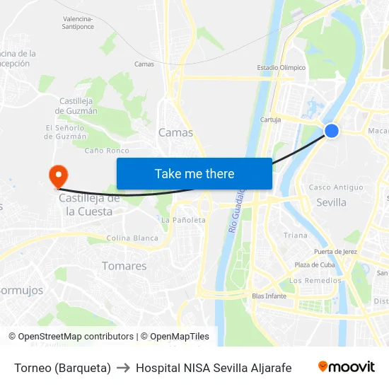 Torneo (Barqueta) to Hospital NISA Sevilla Aljarafe map