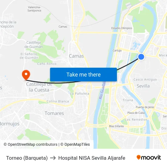 Torneo (Barqueta) to Hospital NISA Sevilla Aljarafe map