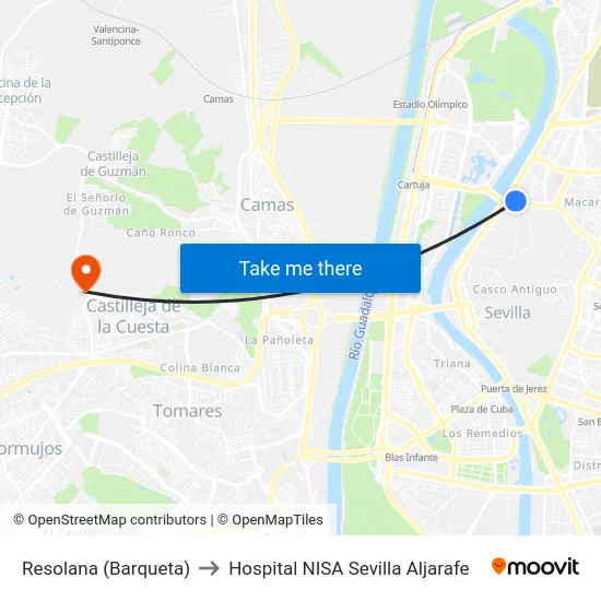 Resolana (Barqueta) to Hospital NISA Sevilla Aljarafe map