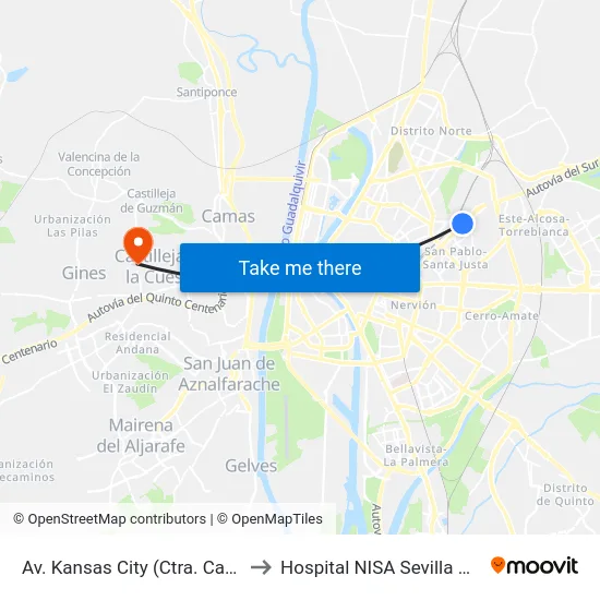 Av. Kansas City (Ctra. Carmona) to Hospital NISA Sevilla Aljarafe map