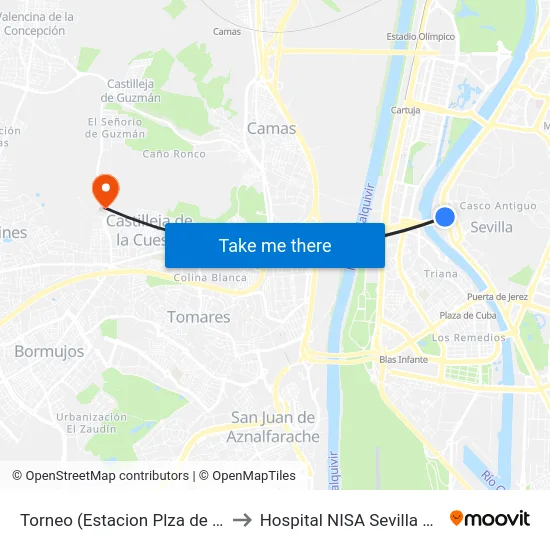 Torneo (Estacion Plza de Armas) to Hospital NISA Sevilla Aljarafe map