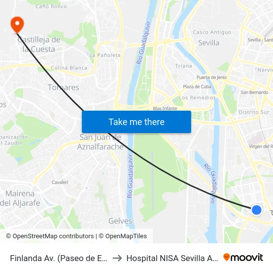 Finlanda  Av. (Paseo de Europa) to Hospital NISA Sevilla Aljarafe map