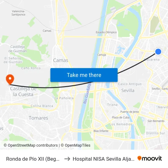 Ronda de Pío XII (Begoña) to Hospital NISA Sevilla Aljarafe map