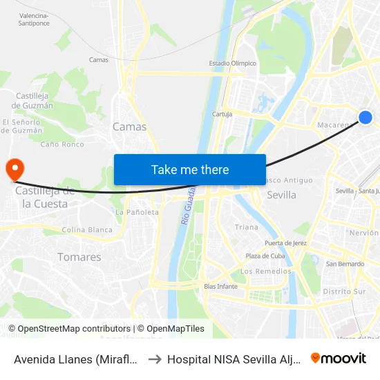 Avenida Llanes (Miraflores) to Hospital NISA Sevilla Aljarafe map