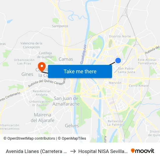 Avenida Llanes (Carretera Carmona) to Hospital NISA Sevilla Aljarafe map