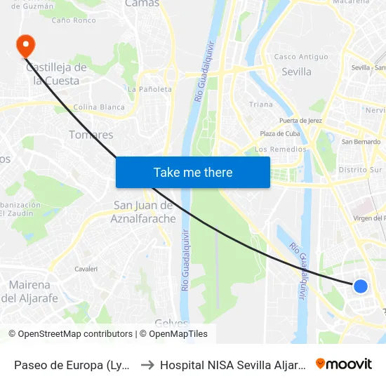 Paseo de Europa (Lyon) to Hospital NISA Sevilla Aljarafe map