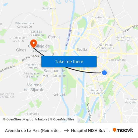 Avenida de La Paz (Reina de Los Ángeles) to Hospital NISA Sevilla Aljarafe map