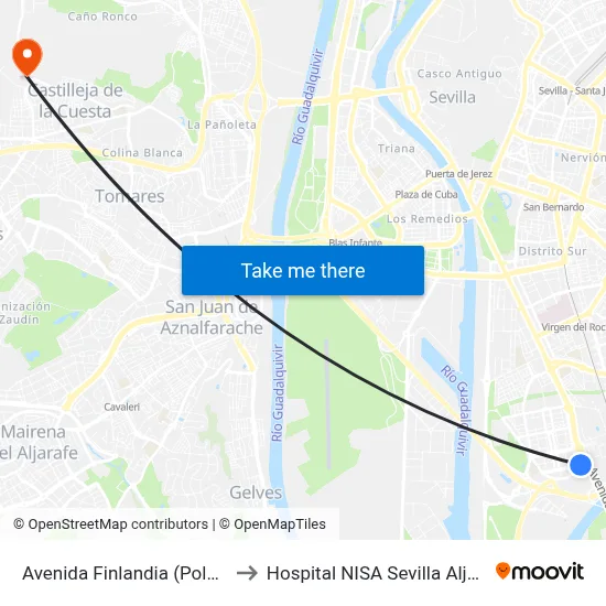 Avenida Finlandia (Polonia) to Hospital NISA Sevilla Aljarafe map
