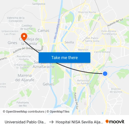 Universidad Pablo Olavide to Hospital NISA Sevilla Aljarafe map