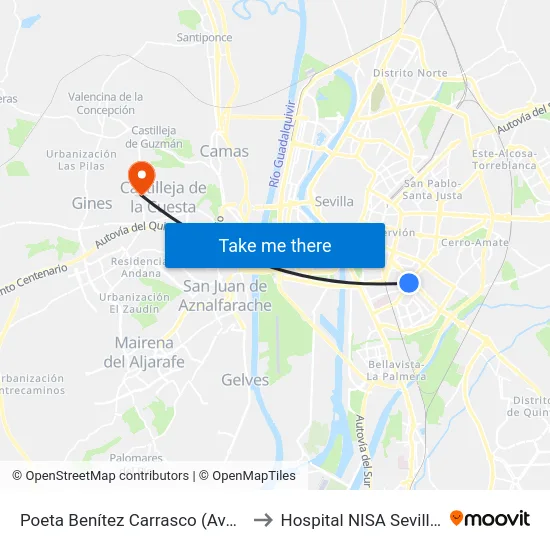 Poeta Benítez Carrasco (Avenida La Paz) to Hospital NISA Sevilla Aljarafe map