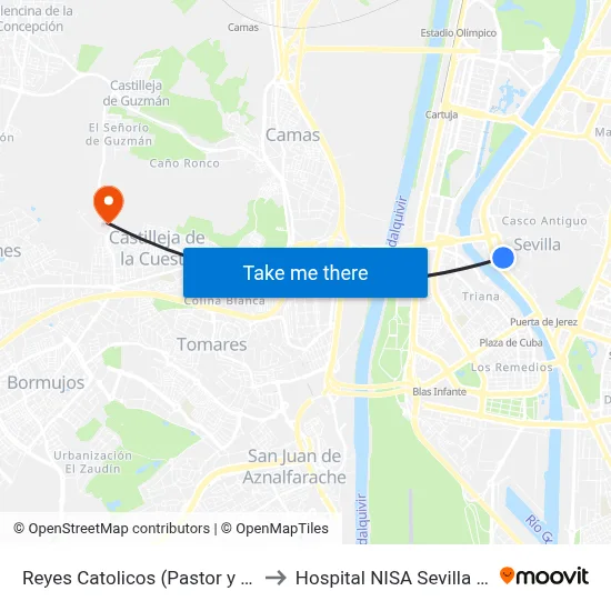 Reyes Catolicos (Pastor y Landero) to Hospital NISA Sevilla Aljarafe map