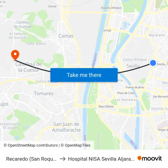 Recaredo (San Roque) to Hospital NISA Sevilla Aljarafe map