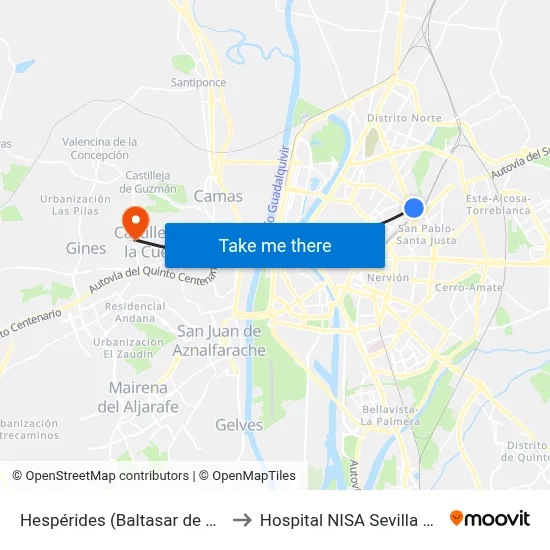 Hespérides (Baltasar de Alcázar) to Hospital NISA Sevilla Aljarafe map