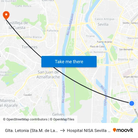 Glta. Letonia (Sta.M. de La Cabeza) to Hospital NISA Sevilla Aljarafe map