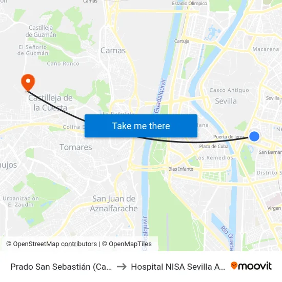 Prado San Sebastián (Carlos V) to Hospital NISA Sevilla Aljarafe map