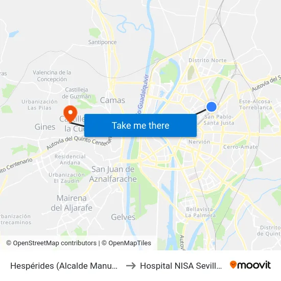 Hespérides (Alcalde Manuel Del Valle) to Hospital NISA Sevilla Aljarafe map
