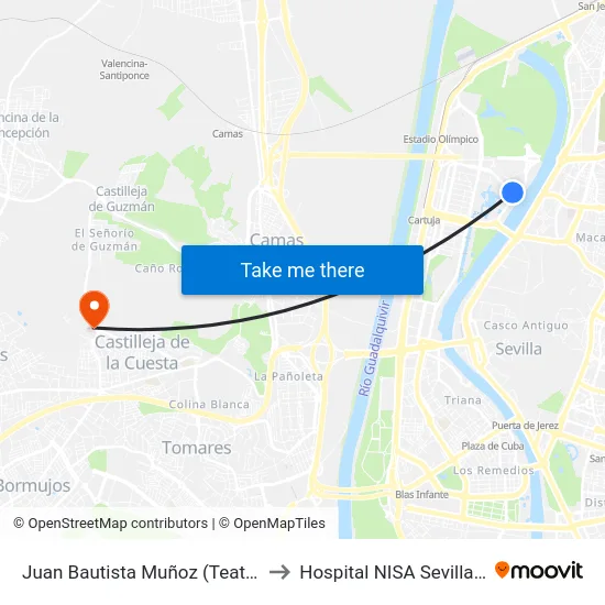 Juan Bautista Muñoz (Teatro Central) to Hospital NISA Sevilla Aljarafe map
