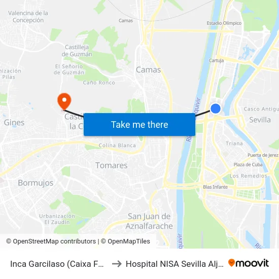Inca Garcilaso (Caixa Forum) to Hospital NISA Sevilla Aljarafe map
