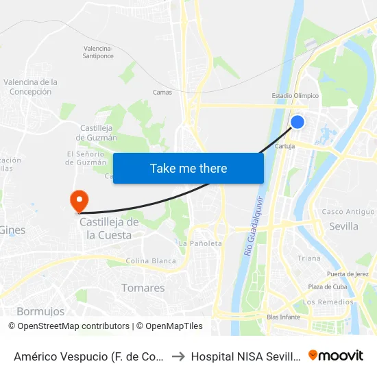 Américo Vespucio (F. de Comunicación) to Hospital NISA Sevilla Aljarafe map
