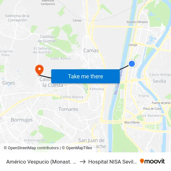 Américo Vespucio (Monast. de La Cartuja) to Hospital NISA Sevilla Aljarafe map
