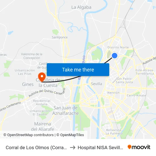 Corral de Los Olmos (Corral Del Agua) to Hospital NISA Sevilla Aljarafe map
