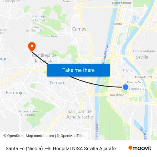 Santa Fe (Niebla) to Hospital NISA Sevilla Aljarafe map
